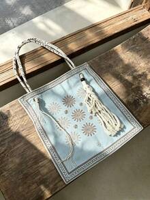 Back To School Vintage Niche Design Ins Style Commuter Outdoor Daily Shopping Canvas Tote Bag Large Capacity Suitable For College Students Colorblock Versatile Handbag Shoulder Bag Women Student Tote Bag Campus Use Bag - Mint Green - View 5