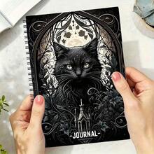 1Pc Gothic Cat Lover Spiral Notebook - Intricate Black Cat And Moonlight Design, Daily Journaling And Creative Writing, A5 Size 21Cm X 14.5Cm, Smooth Paper For Sketching, 30 Sheets (60 Pages) Perfect Gift For Halloween Or Fantasy Art Enthusiasts - Rectangle - View 1