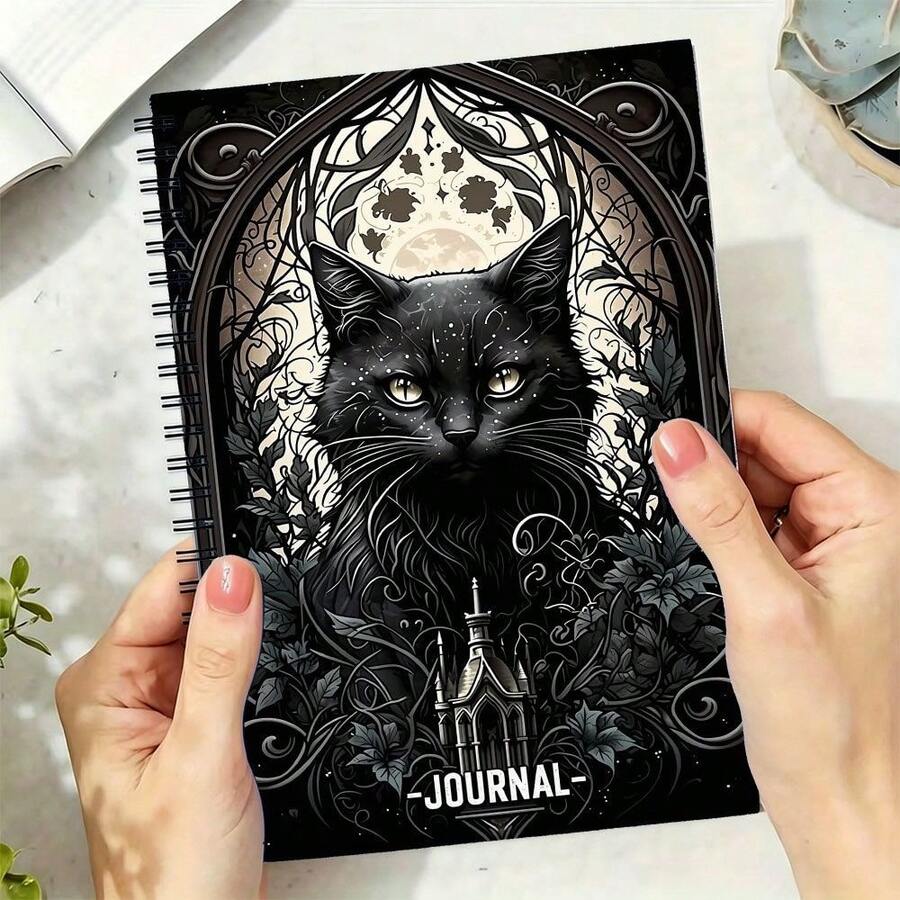 1Pc Gothic Cat Lover Spiral Notebook - Intricate Black Cat And Moonlight Design, Daily Journaling And Creative Writing, A5 Size 21Cm X 14.5Cm, Smooth Paper For Sketching, 30 Sheets (60 Pages) Perfect Gift For Halloween Or Fantasy Art Enthusiasts - Rectangle - View 1