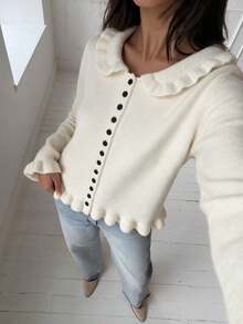 MORI Fall Winter Women Sweaters Casual Y2K Basic White Ruffle Trim Collar Button Front Long Sleeve Slim Fit Knit Cardigan Daily Outfits - White - View 10