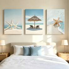 3入組海景畫作,藍色沙灘海星風景的畫布繪畫-令人驚嘆的旅遊風景海報,適用於客廳裝飾和家居裝飾,不含框架 - 彩色 - 查看 6