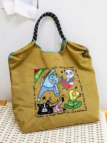 New Versatile Embroidered Animal Yoga Pattern Foldable Shopping Bag Tote Bag Large Capacity Suitable For Beach Party Shoulder Handbag - Multicolor - View 3