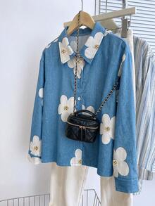 Áo khoác denim nữ mùa xuân/thu phong cách tươi mới in hoa, cổ bẻ, kiểu cardigan thoải mái năng động - Màu xanh lam - Xem 5