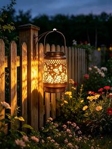 1PC Antique Bronze Hollow Butterfly Solar Hanging Lantern, Shadow Projection LED Solar Lamp, Outdoor Waterproof Decor Ornament For Patio Yard Porch Garden Daily & Festival Lighting - Multicolor - View 2