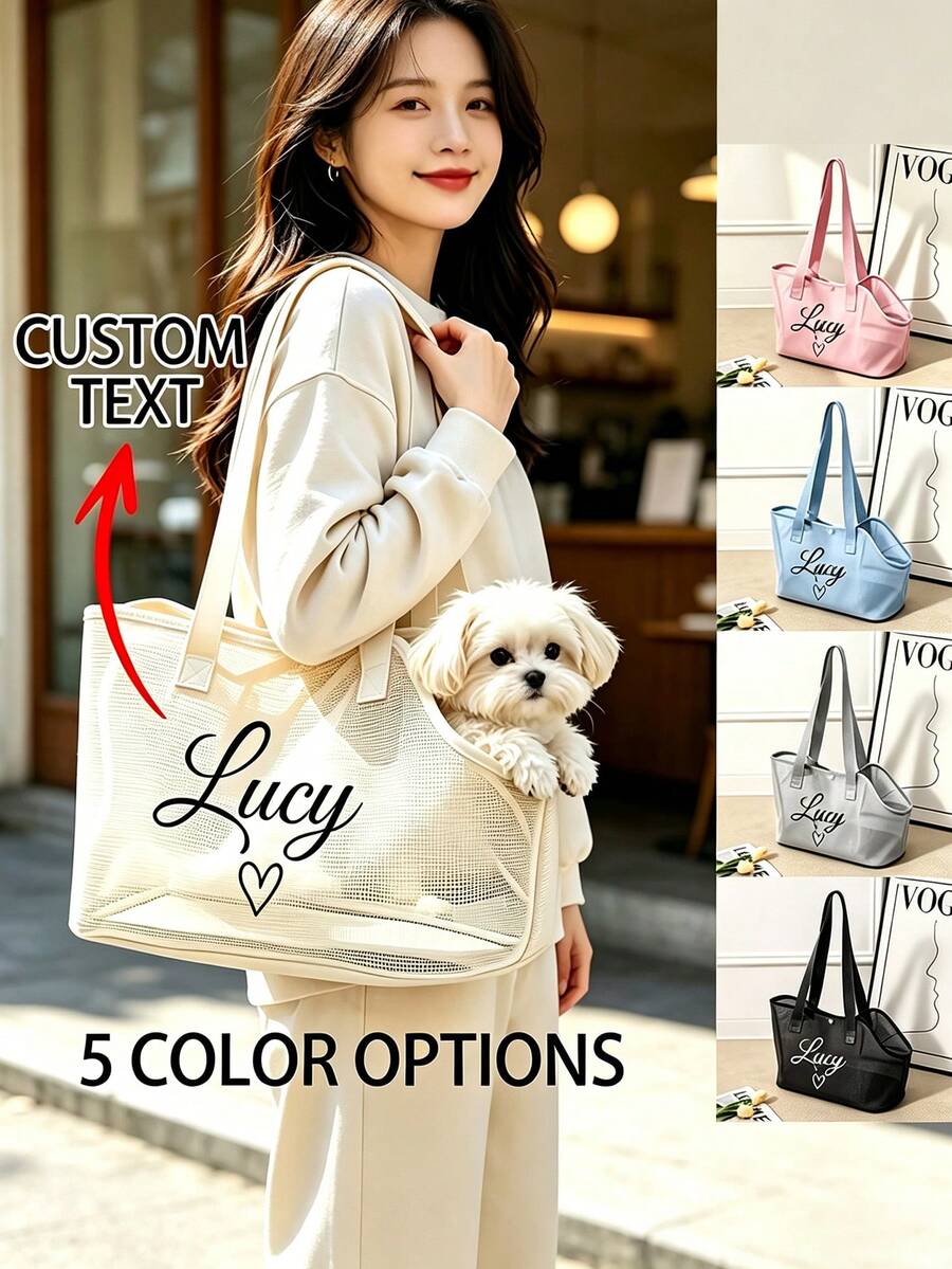 Custom Fashion Personalized Embroidered Name Pet Bag, Suitable For Small Dogs And Cats, Lace Pet Carrier Bag, Multi-Color Embroidered Letters, Handheld And Shoulder Dual-Use Travel Bag, Portable And Travel Bag, Perfect Pet Gift - Multicolor - View 1