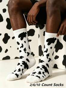 2/6/10 Pairs Unisex Black & White Cow Print Mid-Calf Socks, Street Style Casual Socks Suitable For All Seasons - Type a - View 8