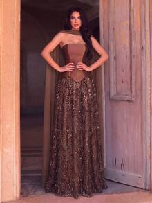 Women's Sequin Strapless Formal Evening Gown, Long Flared Skirt, Exquisite Detail Design, Create Stunning Evening Look - Coffee Brown - View 4
