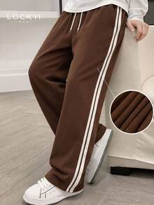 1pc Men's Simple College Style Corduroy Comfortable Loose Drawstring Straight Leg Casual Long Pants - Brown - View 6