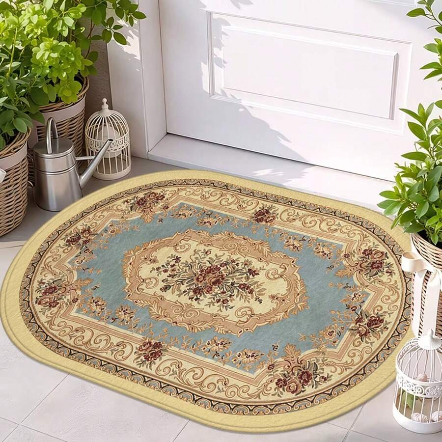 1pc Oval Flannel Door Mat, Soft Comfortable Absorbent Non-Slip Machine Washable With Anti-Slip Backing, European Floral Scroll Pattern Design, Suitable For Entrance, Living Room, Bedroom, Kitchen, Bathroom, Patio, Hallway, Laundry Room, Multi-Functional Home Floor Mat Holiday Decor Carpet - Multicolor - View 1