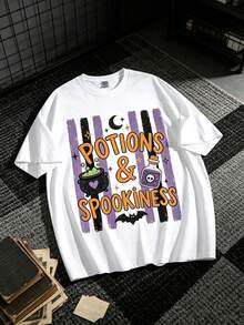 Women's Crew Neck T-Shirt, 100% Cotton, Halloween Witch Potion And Cauldron Print, Original Design For Festive Outfits - White - View 1