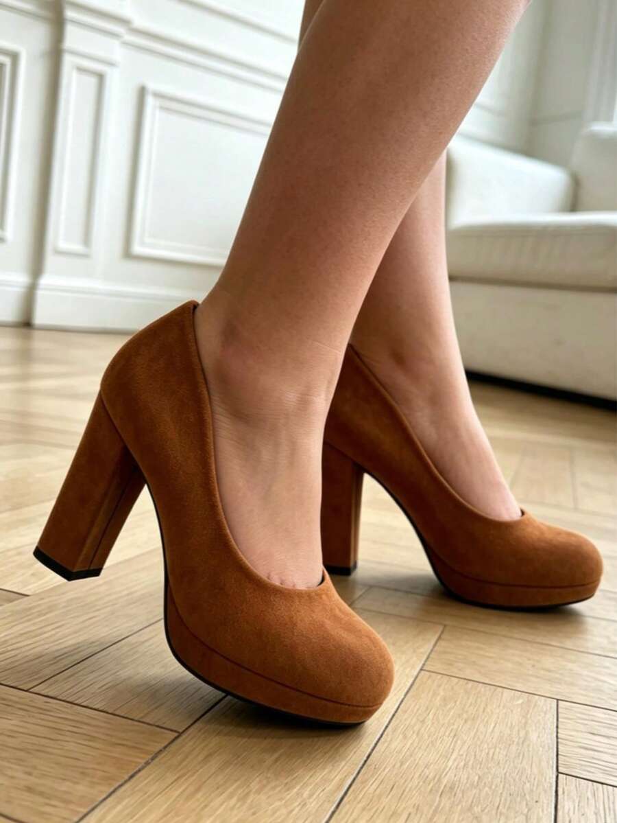 Women's Thick Sole Pointed Toe Solid Color Commute Party Fashion High Heels - Camel - View 1