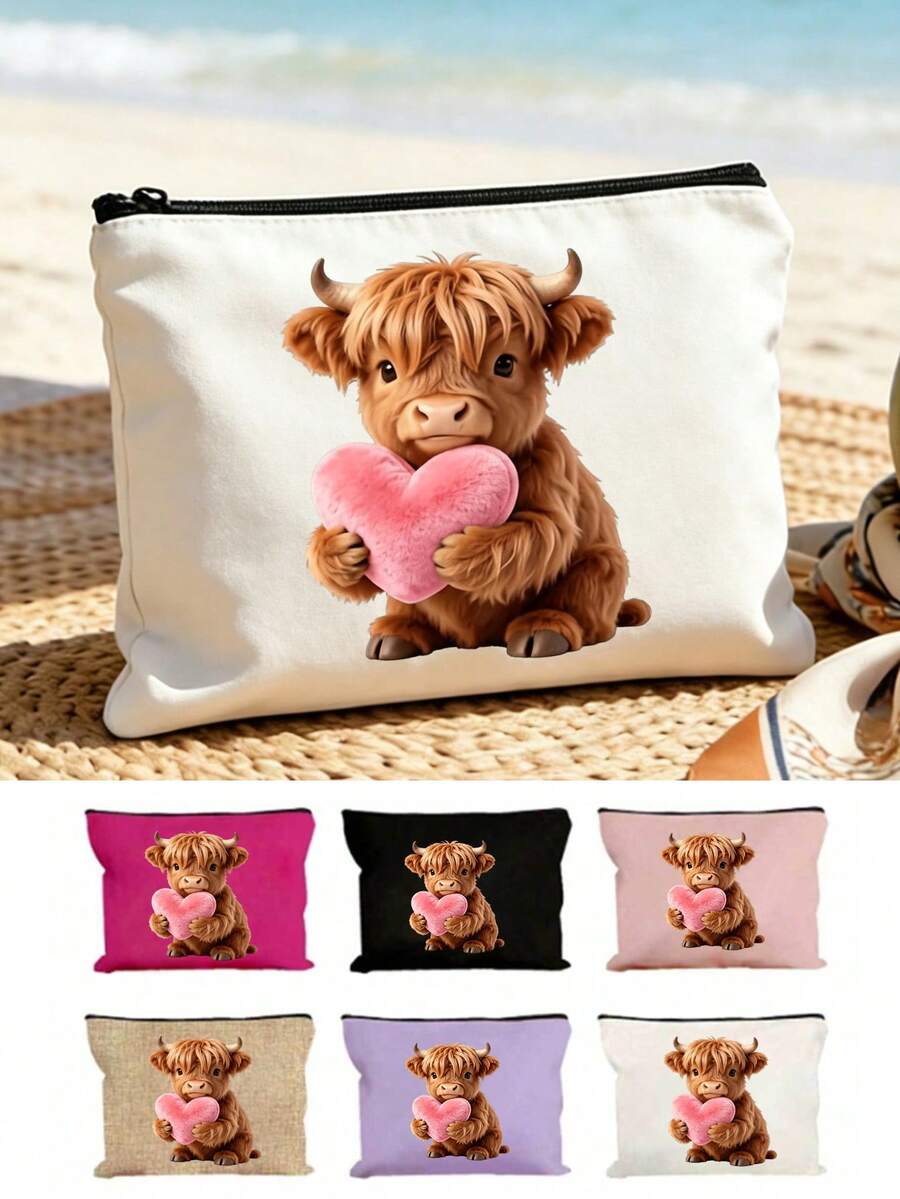 A Charming Highland Cow Themed Makeup Bag With Cute Heart Patterns, Fun Multi-Functional Storage And Grooming Bag, Men's And Women's Zipper Bag, Western Cowboy Style, Rural Style, Used As Pencil Case, Invoice Bag, Coin Purse, Mobile Wallet - Multicolor - View 1