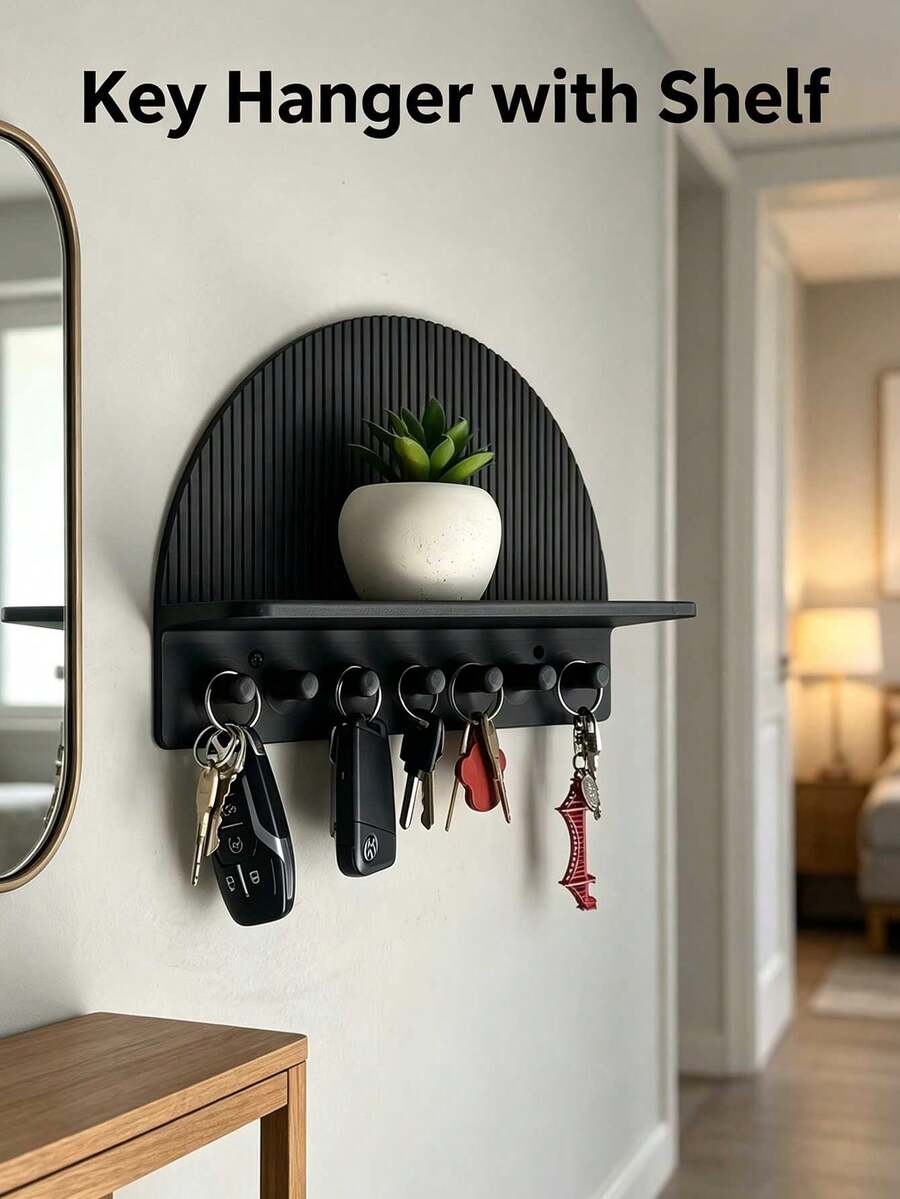 Half-Moon Wall-Mounted Key Rack With Display Shelf, Multi-Hook Key Storage Organizer For Entryway Living Room Hallway Kitchen Bathroom, Rustic Farmhouse Wall Decor, Space-Saving Hanging Holder For Keys Hats Bags Coats, Great Christmas Gift - Multicolor - View 1