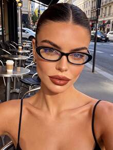 1 Pair Women's Oval Black Narrow Frame Non-Prescription Glasses, Suitable For Daily Office, Study, Reading, Party, Vacation Photography And Other Occasions - Black Flat - View 1