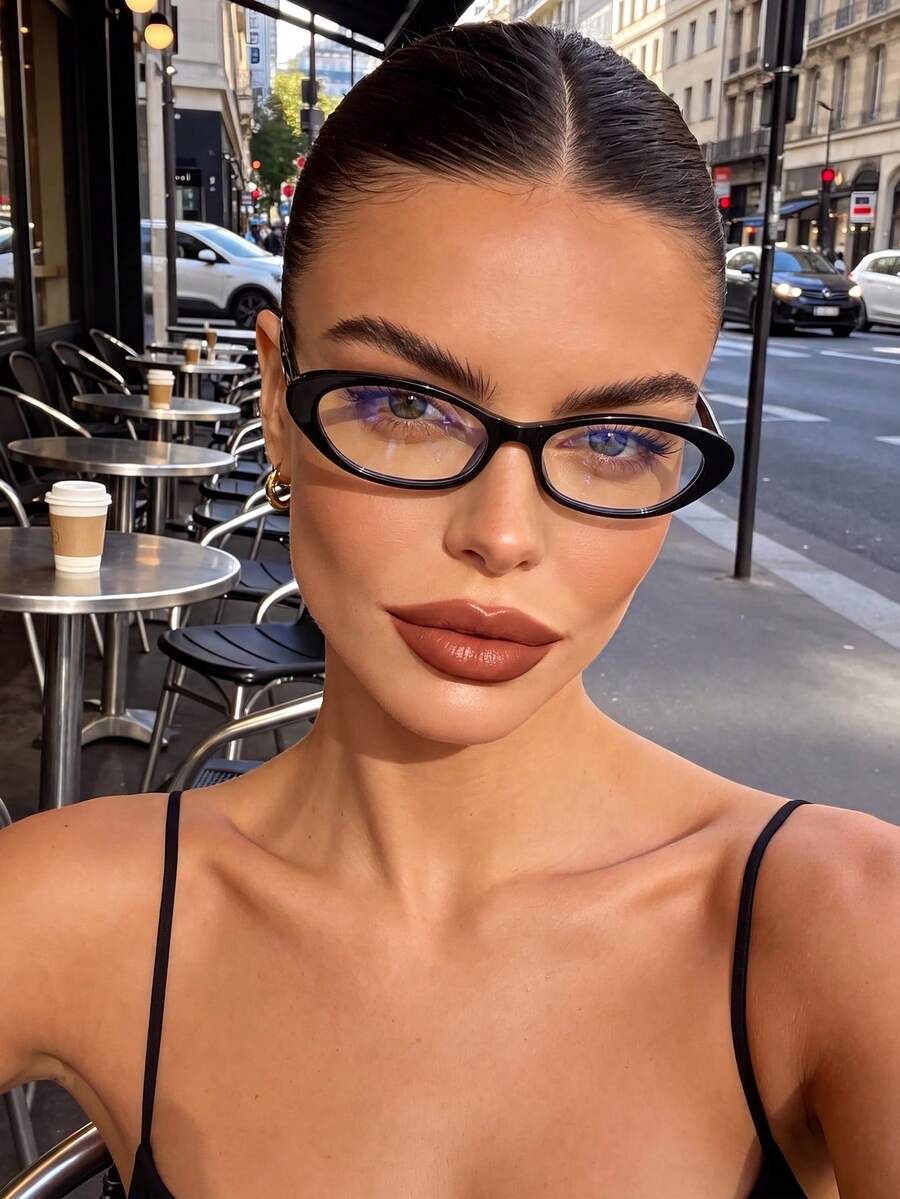 1 Pair Women's Oval Black Narrow Frame Non-Prescription Glasses, Suitable For Daily Office, Study, Reading, Party, Vacation Photography And Other Occasions - Black Flat - View 1