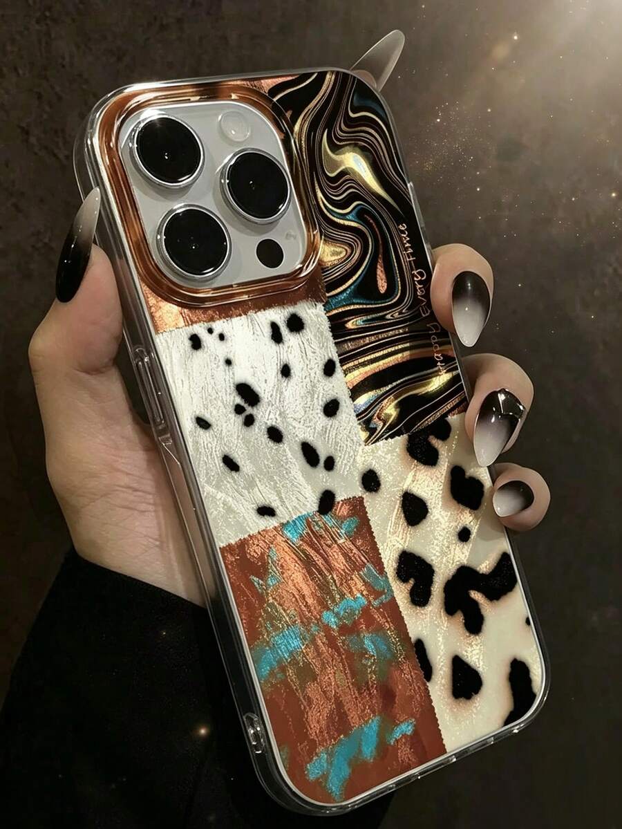 Maillard Collage Leopard Print Phone Case, Vintage Gold Foil Patchwork Phone Case, Suitable For IPhone 17 Pro Max 17 Pro 17 16 Pro Max 16 Pro 16 15 Pro Max 15 Pro 15 14 Pro Max 14 Pro 13 Pro Max 12 Pro Max 11, Fashionable Shockproof Anti-Drop Phone Case - Multicolor - View 1