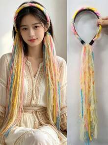 Vintage Plush Maillard Color Palette Colorful Long Tassel Ribbon Headband, Braided Headband, Bohemian Style Women's Hair Accessory - Multicolor - View 11