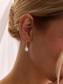 1 Pair Water Drop Pearl Earrings, 14K Gold Plated, Bridal Wedding Accessory, Suitable For Holiday Gift - Gold - View 6