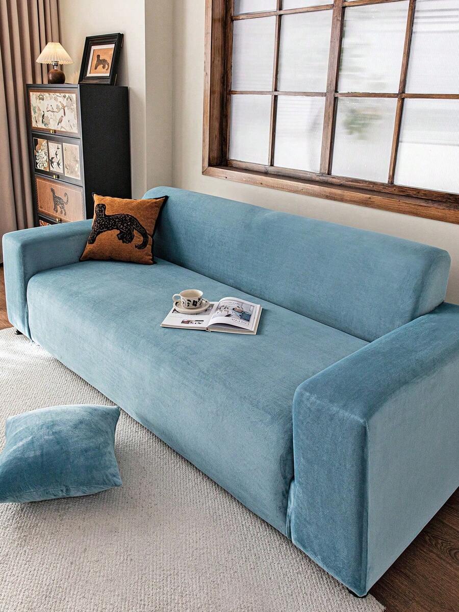 1pc Plush Velvet Stretch Sofa Cover, Pet-Friendly Non-Slip Durable, Machine Washable Colorfast, Holiday Decor Enhances Ambiance Protects Sofa, Fits 1/2/3/4 Seater Sofa, Comes With Anti-Slip Stick - Blue - View 1
