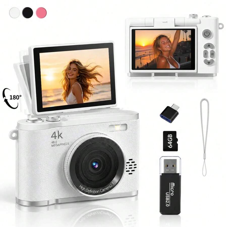 Digital Camera,Autofocus 4K Vlogging Camera For With SD Card,64MP Portable Compact Point And Shoot Digital Camera For Teens Adult Beginner With 16X Zoom,Anti-Shake,2 Batteries (White) - View 1