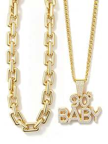2件組 90sBABY 嘻哈龐克項鍊套組，誇張大尺寸金色鏈條，復古龐克風，適合派對、萬聖節、COS - 金色 - 查看 3