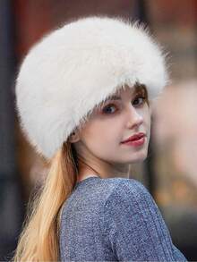 White Faux Fur Round Hat, Fluffy Plush Winter Headwear, Warm Outdoor Street Travel Accessory For Cold Weather - Multicolor - View 5