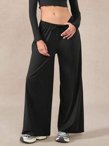 NcmRyu Women's 1pc Solid Color Drawstring Waist Side Pocket Wide Leg Long Pants, Autumn/Winter - Black - View 7