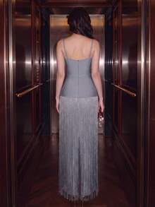 Modphy New Sexy Sleeveless Square Neck Heavy Rhinestone Elegant Fashion Tassel Women's Wedding Formal Banquet Long Bandage Dress Party Fall - Baby Blue - View 6