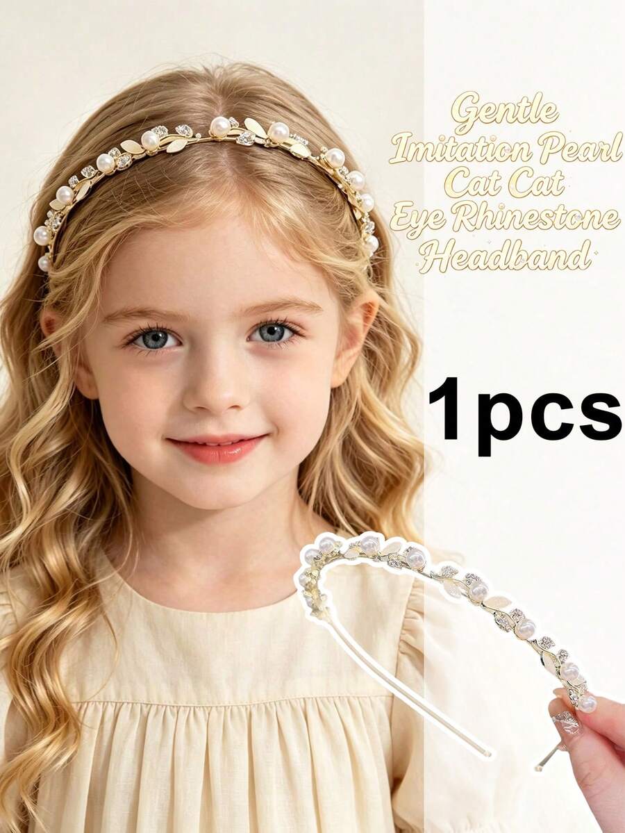 1pc Delicate Countryside Style Headband - Gentle Faux Pearl & Rhinestone Headband, Cat Eye Design, Versatile Daily Hair Accessory - Multicolor - View 1