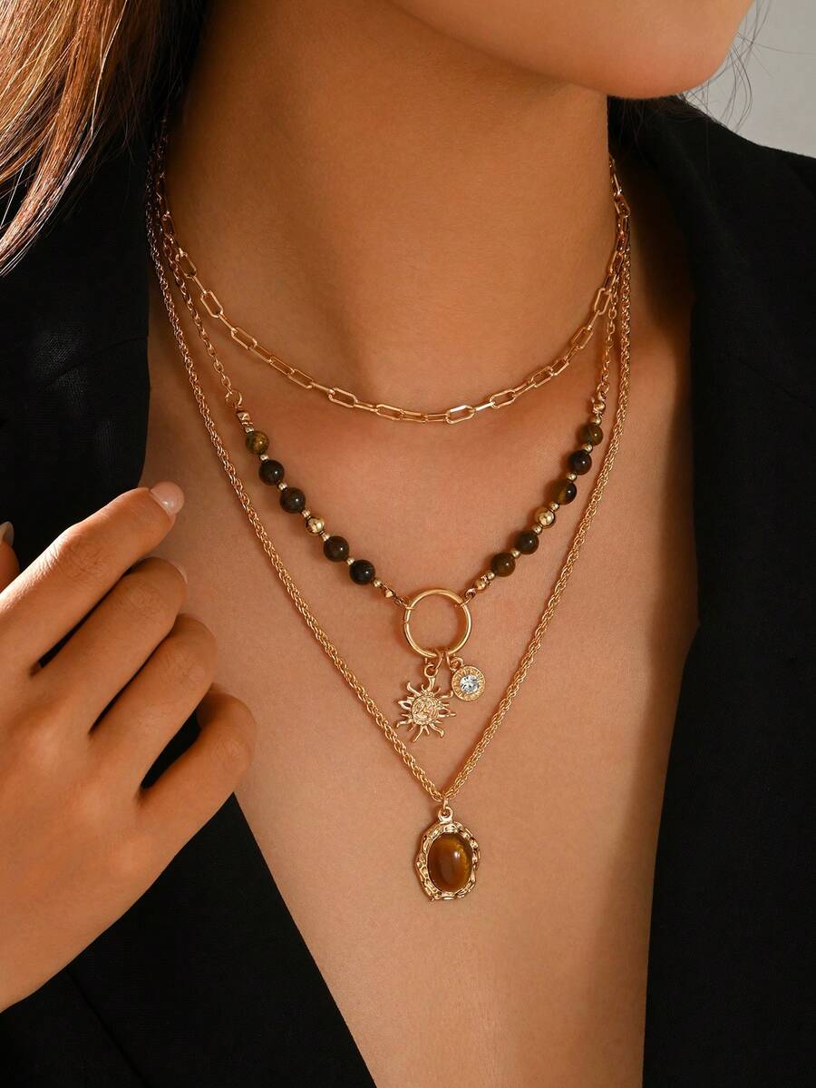 3pcs/Set Vintage Luxury Tiger Eye Beaded Sun Pendant Necklace Set, Fashionable Maillard Color Scheme Women's Neck Jewelry, Suitable For Daily Wear, Shopping, Party, Gathering, Autumn/Winter Outfit And Music Festival - Multicolor - View 1