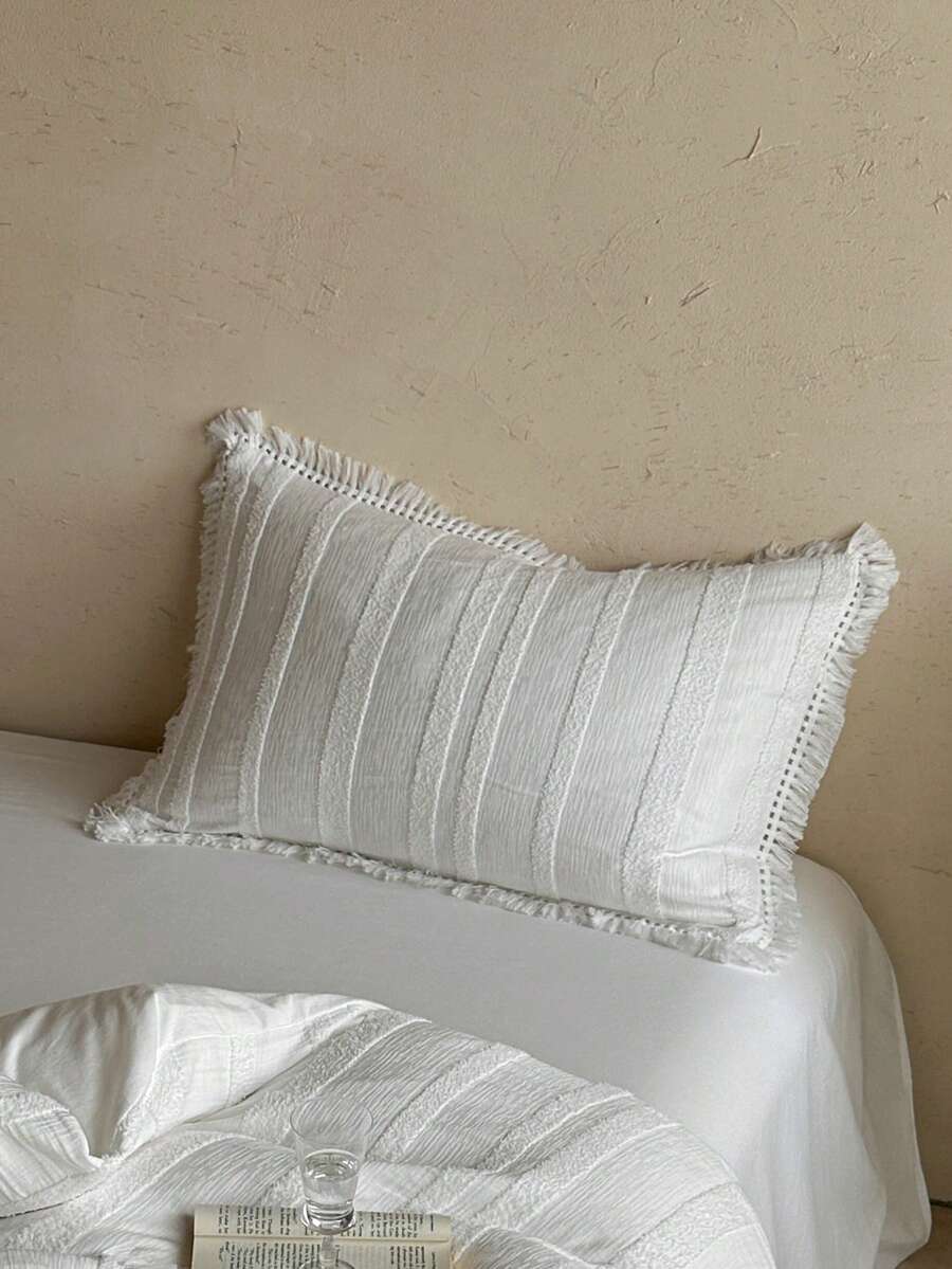 1pc White Vertical Stripe Tassel Bed Pillowcase, Vintage Minimalist Decorative Cushion Cover Suitable For Sofa, All Seasons, Machine Washable, No Filling - White - View 1