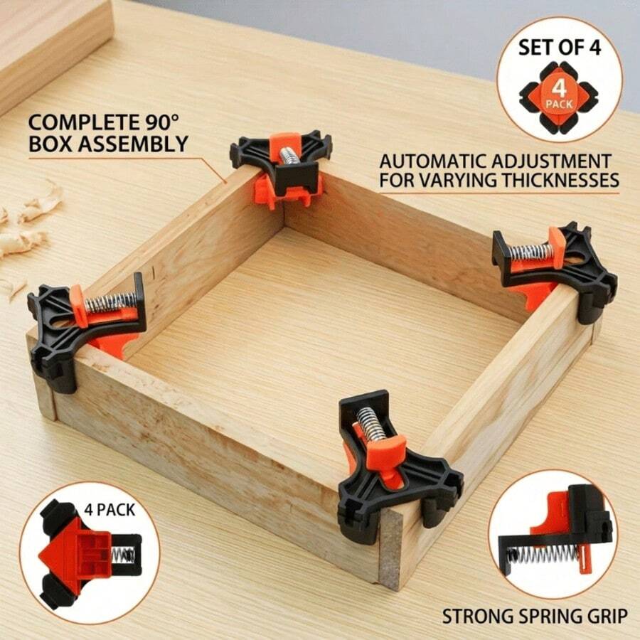 90 Degree Right Angle Woodworking Clamps 4pcs Strong High Spring Clamps Single-Hand Right Angle Fixing Clamps For Picture Frame Background Wall Panel Clamps Dust-Proof Stackable Storage Box Set Woodworking Tools - A - View 1