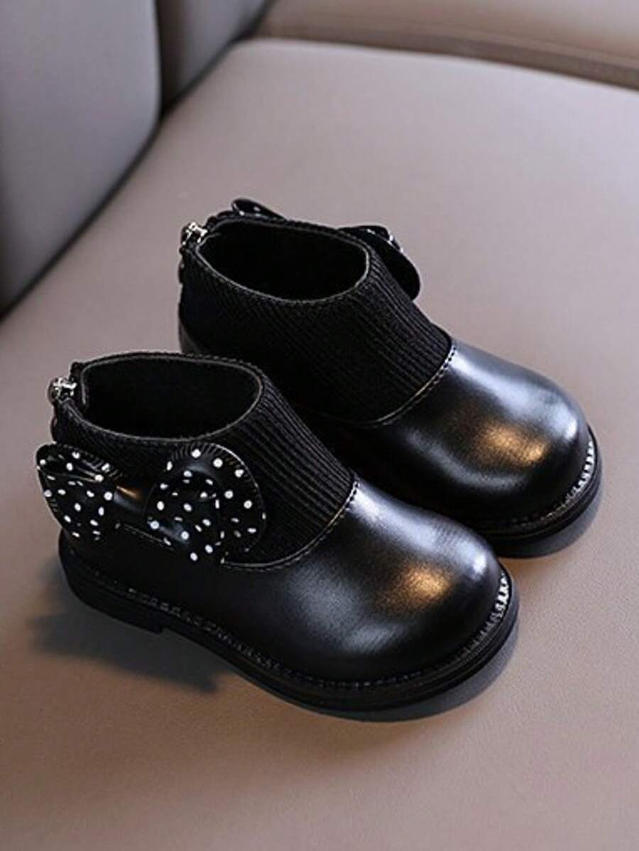 1 Pair Solid Color Student Boots, Bow Design PU Back Zipper Fashion Boots, Non-Slip Wear-Resistant Sole, Fashionable And Warm - Black - View 1