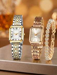 3PCS Women's Wrist Watch Classic Minimalist Luxury Square Dial Design Roman Numeral Scale Two-Tone Strap With 1pc Rhinestone Bracelet + 1pc Gift Ring, Suitable For Daily Wear, Holiday Party, Gathering, Valentine's Day, Wedding, Anniversary, Christmas, New Year And Other Occasions, Or As The Best Holiday Gift For Women, Perfect Gift For Girlfriend - Multicolor - View 9