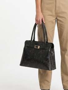 Retro-Style Distressed Black PU Square Handbag With A Straight Strap And Metal Buckle Featuring A Minimalist Design. Ladies' Tote Bag A Crossbody Bag - Black - View 4