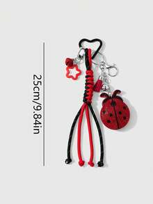 1pc Rhinestone Ladybug Keychain, Red & Black Braided Rope Bag Charm, Heart-Shaped Carabiner Key Ring With Bell, Star & Tassel Pendant, Cute Lucky Insect Accessory - Multicolor - View 4