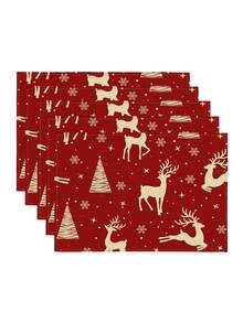 1pc Christmas Series Pattern Printed Table Runner, 4pcs Christmas Pattern Printed Placemats, Suitable For Holiday, Party, Birthday, Dinner, Kitchen Dining Table Decoration, All-Season Room Decor, Home Textile Decoration Table Runner - Multicolor - View 11