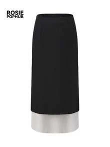 ROSIE POPHUB Women's Black Fdoc High Waist Double Layer Split Maxi Skirt Elegant Straight Long Midi Skirt Daily Commute Work Outfit For Fall & Winter - Black - View 11