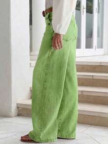 New Women's Multi-Button Wide Leg Casual Jeans - High Quality Denim, Fashionable And Comfortable Spring Fall - Bean Green - View 4