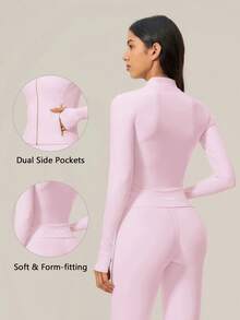 TimeOff Women's 1pc Solid Color Stand Collar Zipper Jacket With Side Pockets And Thumb Holes, Autumn/Winter - Pink - View 3