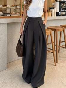 Women's Elegant Minimalist Solid Color Wide Leg Long Pants, Suitable For Daily Commute, Workplace And Business Wear - Grey - View 1