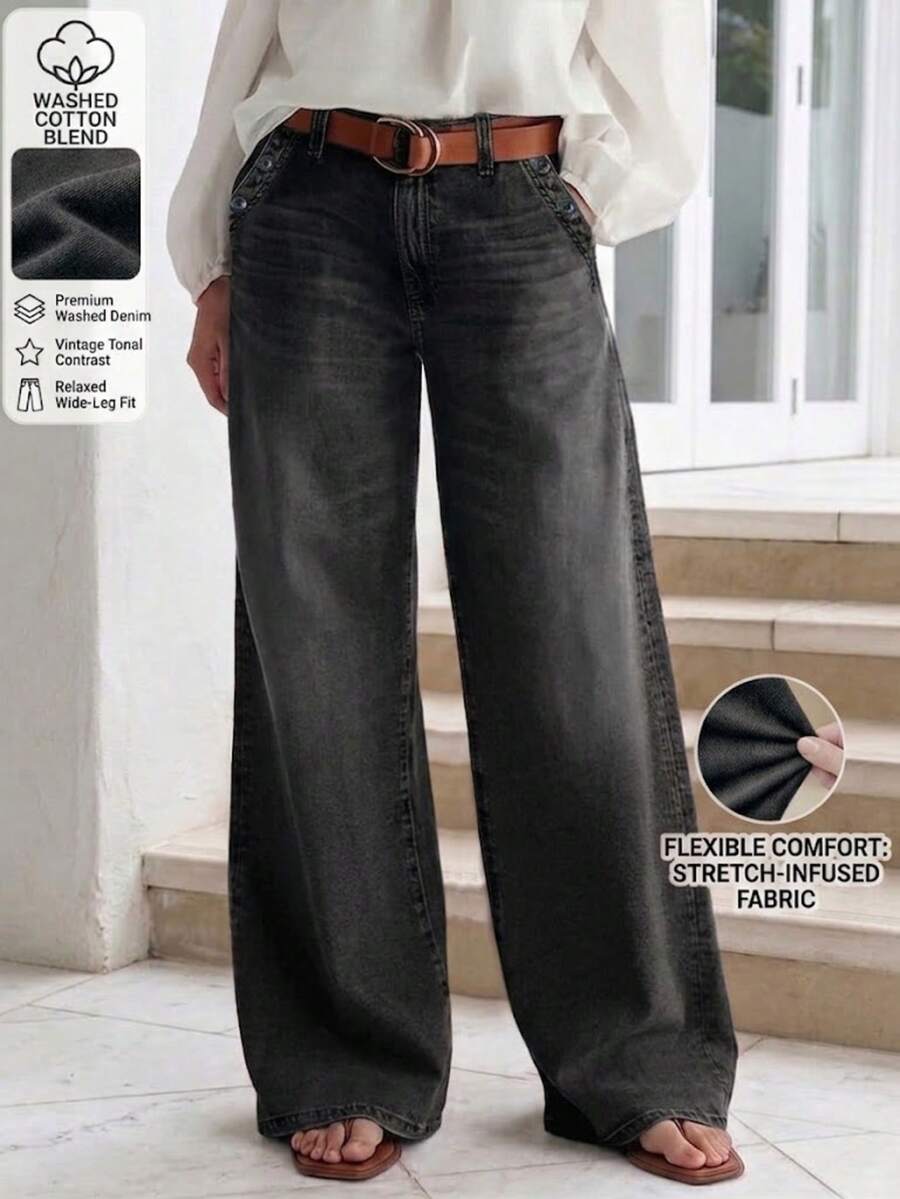 New Women's Multi-Button Wide Leg Casual Jeans - High Quality Denim, Fashionable And Comfortable Spring Black Fall - Black - View 1