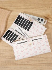 Fashionable Bow Print Long Wallet With Zipper And Buckle Fold Design, Suitable For Carrying Small Phones, Ideal For Outdoor And Travel - White - View 8