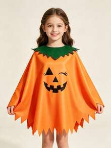 Halloween Pumpkin‑Print Parent‑Child Cape Set, Jagged Hem With Green Collar, Cosplay Costume For Holiday Party - Multicolor - View 5