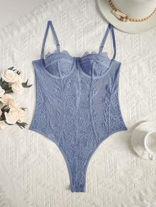 EZNV 1pc Ins Fashion Style Push-Up Slimming Strapless Lace Trim Jumpsuit - Dusty Blue - View 8