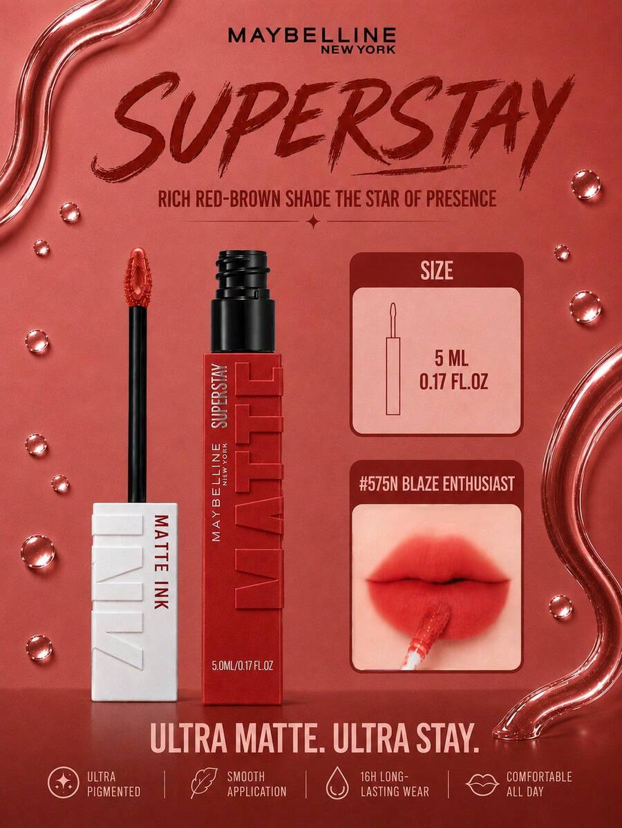 Maybelline 美寶詩 Super Stay 霧面液態唇膏 #575N 5ml，超高顯色度，長效持久，濃郁霧面妝效，易於唇部輪廓勾勒，淡淡香草味，易於塗抹，適合所有膚色