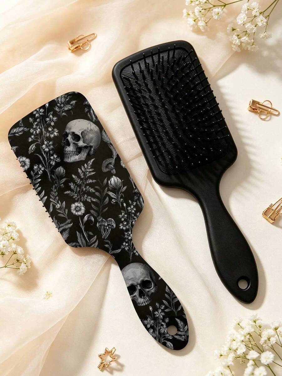 1pc Gothic Skull Floral Print Air Cushion Brush, Portable Volumizing Styling Air Cushion Comb, Suitable For Daily Use And Back To School Season - Multicolor - View 1