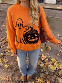 Women's Vintage Loose Knit Sweater With Jacquard Design, High-End Feel, Suitable For Halloween, Autumn/Winter - Orange - View 5