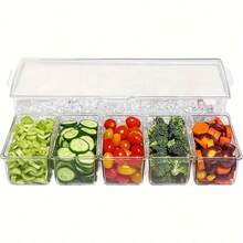 5-Compartment Divided Serving Tray With Ice Compartment, Chilled Food Storage Container With Lid, Clear Snack Platter For Parties, Picnics & Buffets, Includes Forks & Tongs - Transparent - View 1