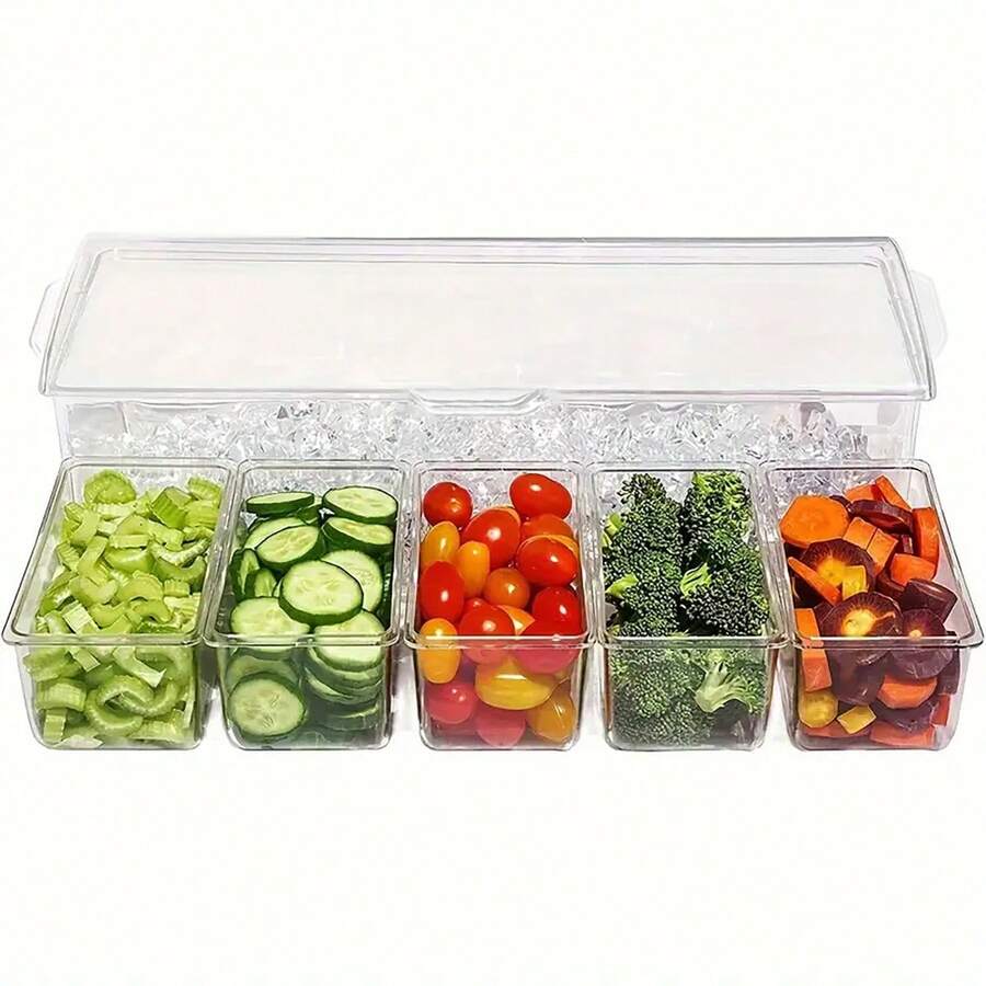 5-Compartment Divided Serving Tray With Ice Compartment, Chilled Food Storage Container With Lid, Clear Snack Platter For Parties, Picnics & Buffets, Includes Forks & Tongs - Transparent - View 1